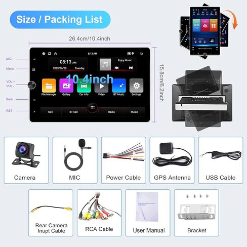 Podofo 10.4 Inch Android 13 Single Din Car Stereo with Wireless Carplay Android Auto 2G+64G, Touch Screen Car Radio GPS Navigation Bluetooth WiFi FM/RDS Radio USB/TF/AUX Backup Camera in Saudi Arabia