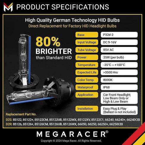 Mega Racer D2S HID Bulbs, 10000K Dark Blue, 85122 66240 66040, D2R HID Headlights, 12V 35W, Low Beam, Stock HID Xenon Headlight Bulbs Replacement, Metal Stent Base, 2 Pack in Saudi Arabia