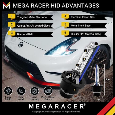 Mega Racer D2S HID Bulbs, 10000K Dark Blue, 85122 66240 66040, D2R HID Headlights, 12V 35W, Low Beam, Stock HID Xenon Headlight Bulbs Replacement, Metal Stent Base, 2 Pack in Saudi Arabia