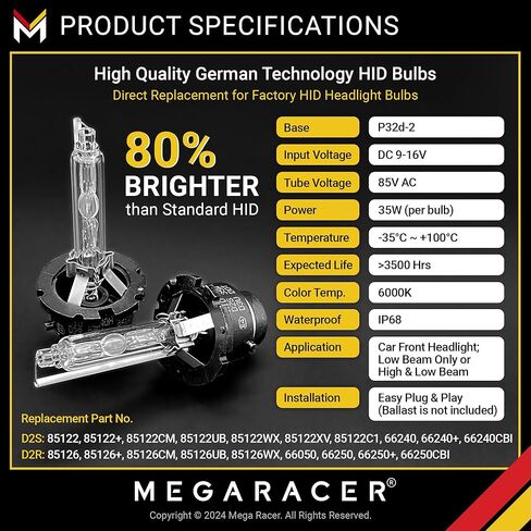 Mega Racer D2S HID Bulbs, 10000K Dark Blue, 85122 66240 66040, D2R HID Headlights, 12V 35W, Low Beam, Stock HID Xenon Headlight Bulbs Replacement, Metal Stent Base, 2 Pack in Saudi Arabia