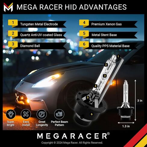 Mega Racer D2S HID Bulbs, 10000K Dark Blue, 85122 66240 66040, D2R HID Headlights, 12V 35W, Low Beam, Stock HID Xenon Headlight Bulbs Replacement, Metal Stent Base, 2 Pack in Saudi Arabia