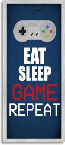 Stupell Industries Eat Sleep Game Repeat Pixel Typography Vintage Controller, Designed by Kim Allen Gray Framed Wall Art, 13 x 30, Blue in Saudi Arabia