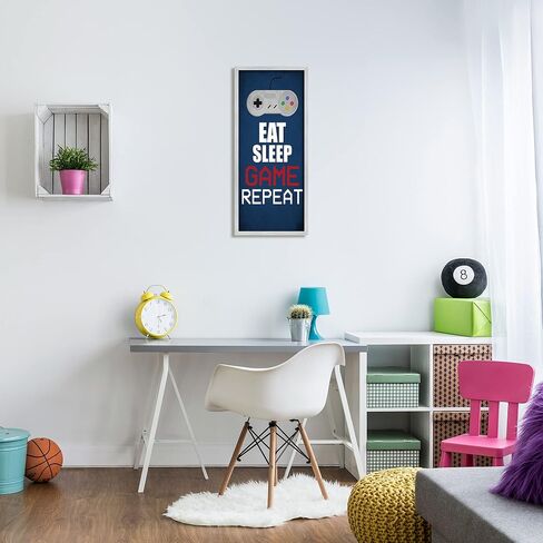 Stupell Industries Eat Sleep Game Repeat Pixel Typography Vintage Controller, Designed by Kim Allen Gray Framed Wall Art, 13 x 30, Blue in Saudi Arabia