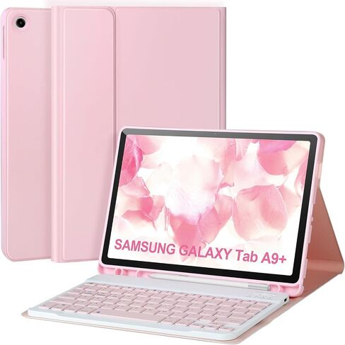 حافظة لوحة مفاتيح لجهاز Samsung Galaxy Tab A9+/Plus 11'' 2023(SM-X210/X216/X218)، حافظة مع لوحة مفاتيح لجهاز Samsung Tab A9+ مع حامل قلم S، لوحة مفاتيح بلوتوث قابلة للفصل لجهاز Galaxy A11 استيقاظ/غفو تلقائي، وردي in Saudi Arabia