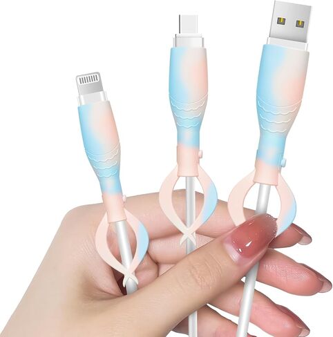 CameCosy Cute Cable Protector for iPhone Android USB Type-C Charger,3 PCS Soft Silicone Charging Cable Protector Cord Saver Data Cable Organizer Cable Strap - Pink Blue in Saudi Arabia