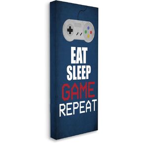 Stupell Industries Eat Sleep Game Repeat Pixel Typography Vintage Controller, Designed by Kim Allen Canvas Wall Art, 10 x 24, Blue