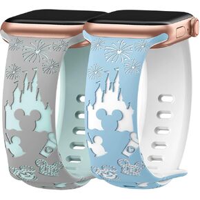 2 Packs Cartoon Engraved Bands Compatible with Apple Watch Bands 40mm 38mm 44mm 45mm 41mm 42mm 49mm Women, Two-Tone Cute Soft Silicone Sport Strap for iWatch Series 9/8/SE/7/6/5/4/3/2/1