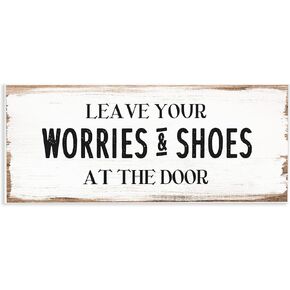 Stupell Industries Leave Worries and Shoes at Door Farmhouse Phrase, Design by Daphne Polselli White Framed Wall Art, 24x10