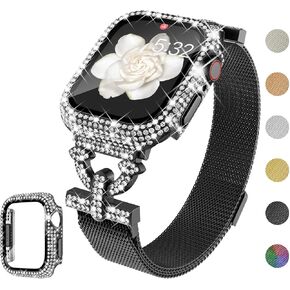 WINGLE Magnetic Band for Apple Watch Bands 45mm Series 9 8 7 Women Slim Milanese Loop Metal Mesh Strap with Bling Glitter Case Screen Protector Magnetic Clasp Dressy iWatch Bands for Woman,Gold