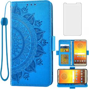 Asuwish متوافق مع Moto E5/G6 Play/MotoG6 Forge حافظة محفظة من الزجاج المقسى وحزام معصم قابل للطي غطاء الهاتف الخلوي لموتورولا MotoG6Play Moto6 G 6 6G G6Play MotoE5 5E للرجال أزرق