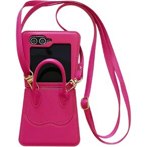 NiceKing for Samsung Galaxy Z Flip 6 Case Luxury Leather Crossbody Lanyard Handbag Flip Phone Case Galaxy Z Flip6 Cute Girls Women Samsung Flip Z6 Protective Cover Rose Red