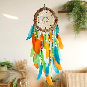 Dream Catcher Native American Boho Dreamcatcher Rattan Wall Decor, Handmade Natural Peacock Feathers Green Colorful Beaded Hanging Oranment Indian Decor for Girls Bedroom (Green Peacock Feather)