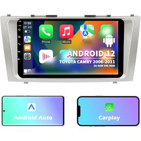 Android 12 Car Radio for Toyota Camry 2006 2007 2008 2009 2010 2011, 9 Inch Head Unit Car Stereo with IPS HD Touch Screen, Wireless CarPlay, Android Auto, GPS, WiFi, SWC, Bluetooth, 2+64GB