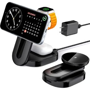 KPON 3 in 1 Magnetic Wireless Charging Station for Multiple Devices,Foldable Mag-Safe Charger Stand,Fast Travel Charger for iPhone15/14/13/12/Apple Watch/AirPods(Black)…