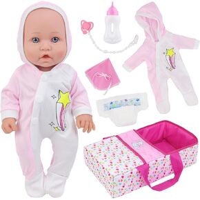 Ecore Fun 12 Inch Baby Doll with Bassinet Bed, Soft Reborn Baby Doll and Accessories Includes 12" Baby Doll, 12 Inch Doll Jumpsuit, Bottles, Pacifier, Diaper, Burp Cloth, First Baby Dolls for Kids