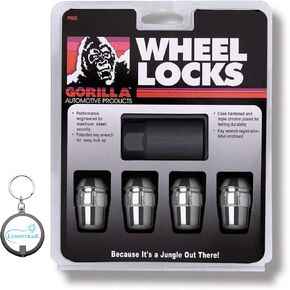 Gorilla Automotive Wheel Lock 96641BDX, 14mm x 1.50 Wheel Locks for Cars with Wheel Lock Key, Set of 4 Locking Lug Nuts, Black Chrome with a Lumintrail Keychain Light