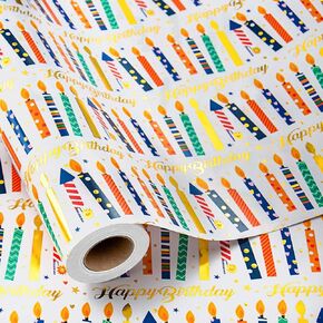 MAYPLUSS Happy Birthday Stone Paper Roll Wrap - 17 Inch x 33 Feet - Gold Foil Colorful Smooth Silk Touch Festival Gift Wrapping Paper for Birthday, Party, Holiday, Celebration and Baby Shower