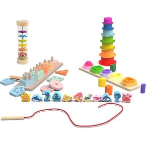 Montessori Toy Set for 18-24 Months, 5-in-1 Wooden Sensory Learning Toys with Shape Sorter, Color Sorting, Lacing Beads, Nesting Cups, and Rain Stick