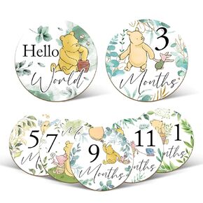 7 Pcs Winnie Baby Monthly Milestone Markers, Double Sided Baby Months Wooden Signs With Storage Bags, Baby Monthly Announcement Wooden Discs for Adorable, Milestone Pictures of Your Newborn Boy & Girl
