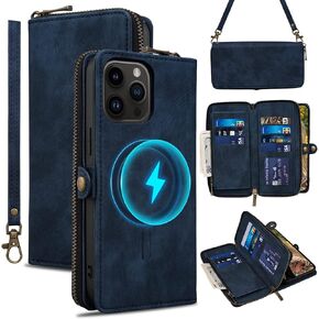 Rssviss for iPhone 14 Pro Max Case Wallet Cover for Women Men, 【RFID Blocking】【Magsafe】 Credit Card Holder Leather Strap Zipper Wristlet Flip iPhone 14 Pro Max Case with Magnetic Shockproof 6.7" Blue