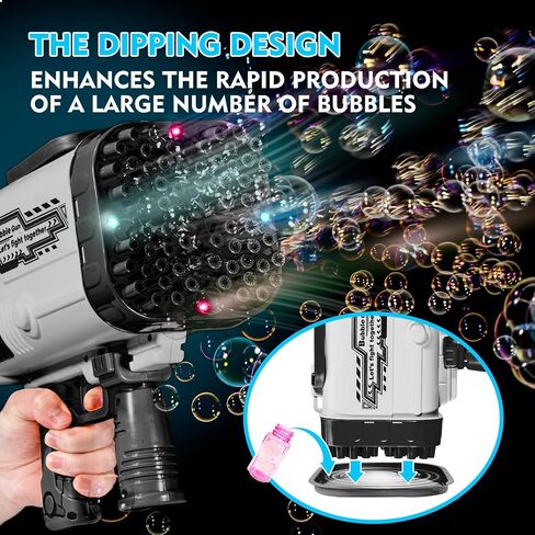 Bubble Gun - 64 Holes Bubble Guns Machine Has Led Lights, Large Handheld Bubble Gun Has Two Rechargeable Batteries/Six Bottles of Bubble Water for Kids Adults, Black in Saudi Arabia