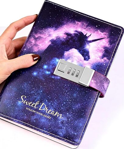 CAGIE Diary with Lock for Girls 224 Pages Unicorn Lock journal for Women with Star Pattern Paper, Purple Edge Starry Secret Diary for Women, 5.9" x 8.5", White Unicorn in Saudi Arabia