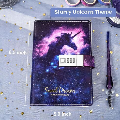 CAGIE Diary with Lock for Girls 224 Pages Unicorn Lock journal for Women with Star Pattern Paper, Purple Edge Starry Secret Diary for Women, 5.9" x 8.5", White Unicorn in Saudi Arabia