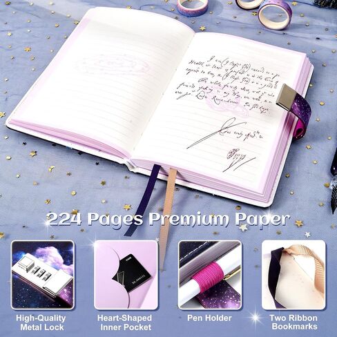 CAGIE Diary with Lock for Girls 224 Pages Unicorn Lock journal for Women with Star Pattern Paper, Purple Edge Starry Secret Diary for Women, 5.9" x 8.5", White Unicorn in Saudi Arabia
