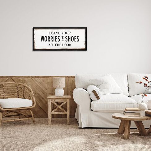 Stupell Industries Leave Worries and Shoes at Door Farmhouse Phrase, Design by Daphne Polselli White Framed Wall Art, 24x10 in Saudi Arabia