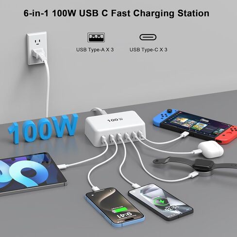 USB C Charger Block, 100W GaN 6 Port USB Type C Charging Station for Multiple Devices, 3 USB C 3 USB A Wall Charger Power Strip Adapter Plug Cube Brick for iPhone 16 15 14 13 12 Pro Max iPad Galaxy in Kuwait