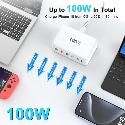 USB C Charger Block, 100W GaN 6 Port USB Type C Charging Station for Multiple Devices, 3 USB C 3 USB A Wall Charger Power Strip Adapter Plug Cube Brick for iPhone 16 15 14 13 12 Pro Max iPad Galaxy in Kuwait