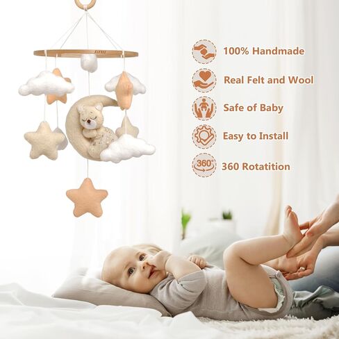 Crib Mobile for Girls, Sleeping Princess Bear Baby Mobile for Crib, Handmade Felt Crib Mobile, Baby Crib Mobile with Cloud and Stars, Nursery Baby Mobile for Bassinet (Cinnamon) in Saudi Arabia