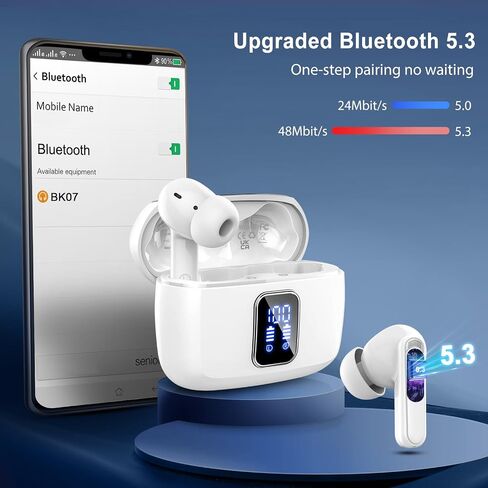 lukg Wireless Earbuds Bluetooth 5.3 Ear Buds, Wireless Headphones in Ear with 4 ENC Noise Cancelling Mic, 48H Playtime LED Display, IP7 Waterproof Earphones with USB-C for Android iOS Workout, White in Saudi Arabia