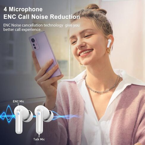 lukg Wireless Earbuds Bluetooth 5.3 Ear Buds, Wireless Headphones in Ear with 4 ENC Noise Cancelling Mic, 48H Playtime LED Display, IP7 Waterproof Earphones with USB-C for Android iOS Workout, White in Saudi Arabia