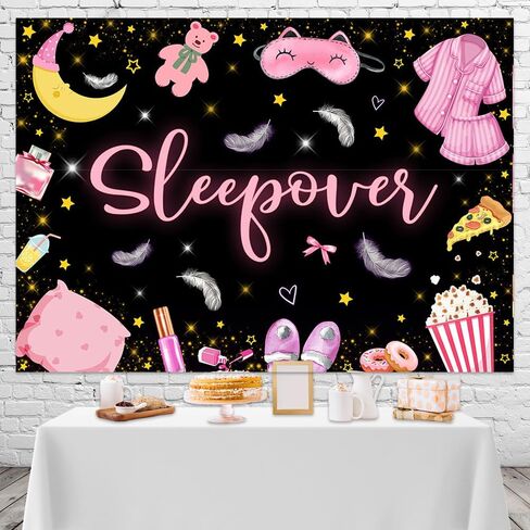 Mocsicka Sleepover Party Backdrop Sleepover Pajamas وسادة مكافحة الوردي الأسود فتاة حزب زينة ماكياج سبات حزب راية كعكة الجدول الزينة الصورة كشك الدعائم (5x3ft) in Saudi Arabia