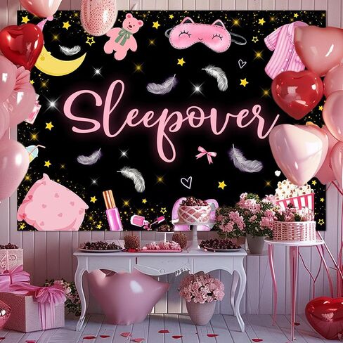 Mocsicka Sleepover Party Backdrop Sleepover Pajamas وسادة مكافحة الوردي الأسود فتاة حزب زينة ماكياج سبات حزب راية كعكة الجدول الزينة الصورة كشك الدعائم (5x3ft) in Saudi Arabia