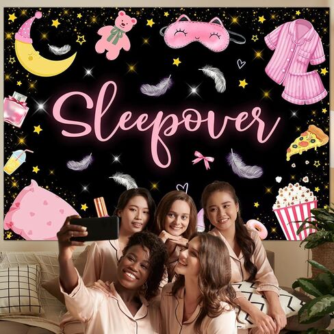 Mocsicka Sleepover Party Backdrop Sleepover Pajamas وسادة مكافحة الوردي الأسود فتاة حزب زينة ماكياج سبات حزب راية كعكة الجدول الزينة الصورة كشك الدعائم (5x3ft) in Saudi Arabia