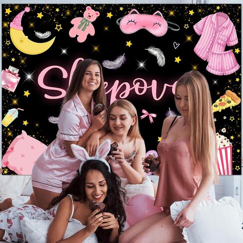 Mocsicka Sleepover Party Backdrop Sleepover Pajamas وسادة مكافحة الوردي الأسود فتاة حزب زينة ماكياج سبات حزب راية كعكة الجدول الزينة الصورة كشك الدعائم (5x3ft) in Saudi Arabia