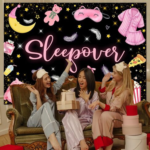 Mocsicka Sleepover Party Backdrop Sleepover Pajamas وسادة مكافحة الوردي الأسود فتاة حزب زينة ماكياج سبات حزب راية كعكة الجدول الزينة الصورة كشك الدعائم (5x3ft) in Saudi Arabia