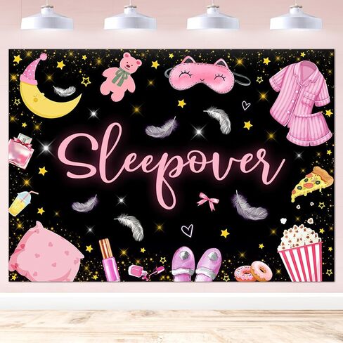 Mocsicka Sleepover Party Backdrop Sleepover Pajamas وسادة مكافحة الوردي الأسود فتاة حزب زينة ماكياج سبات حزب راية كعكة الجدول الزينة الصورة كشك الدعائم (5x3ft) in Saudi Arabia