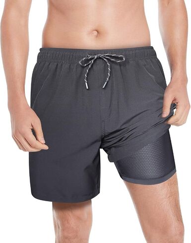 7" Mens Compression Swim Shorts,Men Bathing Suit with Boxer Brief Liner with air Holes 20.5" Outseam(Red,X-Large) in Kuwait