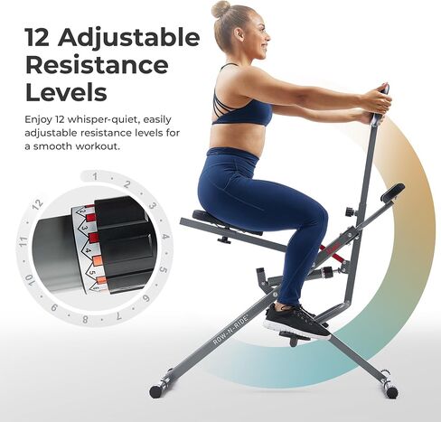 Sunny Health & Fitness Row-N-Ride PRO، جهاز لياقة بدنية كامل الجسم مع أشرطة مقاومة، إعداد سهل وقابل للطي لتمارين التجديف والغلوت والساق، اتصال تطبيق SunnyFit الاختياري in Kuwait