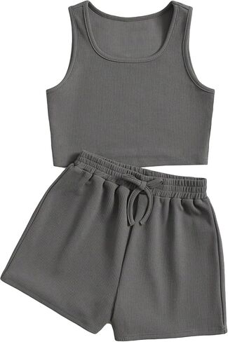 Verdusa Girl's 2 Piece Tracksuit Sets Workout Crop Tank Top and Short Sets Coffee Brown 10Y in Saudi Arabia