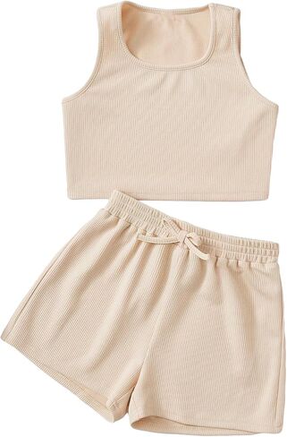 Verdusa Girl's 2 Piece Tracksuit Sets Workout Crop Tank Top and Short Sets Coffee Brown 10Y in Saudi Arabia