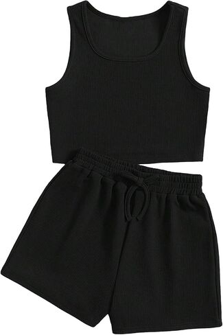 Verdusa Girl's 2 Piece Tracksuit Sets Workout Crop Tank Top and Short Sets Coffee Brown 10Y in Saudi Arabia