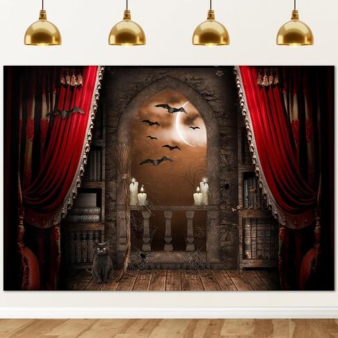 Avezano Halloween Photography Backdrop Magical Broom Vampires Medieval Castle Background Spooky Witch Bats Mid Century Vintage Child Kids Photoshoot Photo Studio Booth Decorations (Orange, 7x5ft) in Saudi Arabia