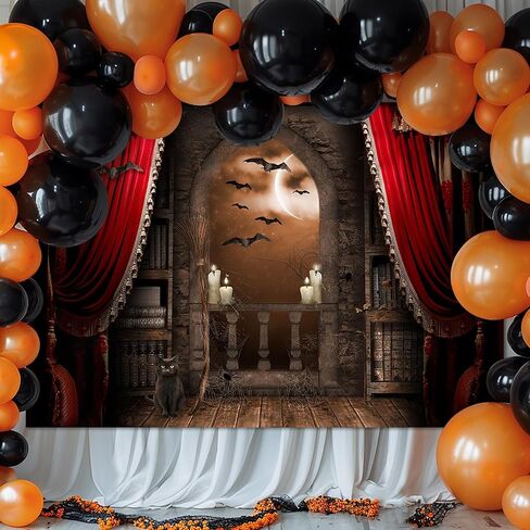 Avezano Halloween Photography Backdrop Magical Broom Vampires Medieval Castle Background Spooky Witch Bats Mid Century Vintage Child Kids Photoshoot Photo Studio Booth Decorations (Orange, 7x5ft) in Saudi Arabia