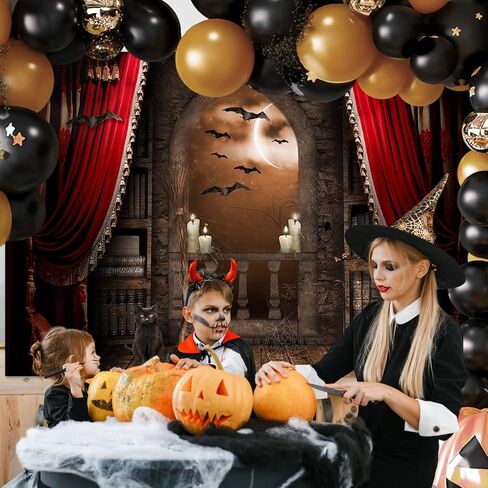 Avezano Halloween Photography Backdrop Magical Broom Vampires Medieval Castle Background Spooky Witch Bats Mid Century Vintage Child Kids Photoshoot Photo Studio Booth Decorations (Orange, 7x5ft) in Saudi Arabia