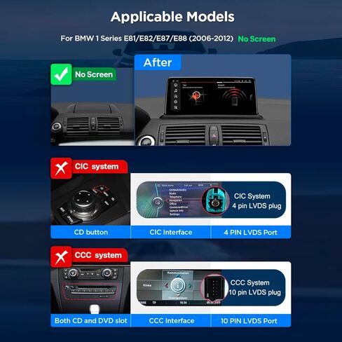 شاشة راديو تلقائي Carplay Android 13 لاسلكية لسيارات BMW 1 Series E81 E82 E87 E88 2006-2012 بدون وحدة عرض أصلية وصوت ستيريو ومشغل وسائط متعددة ونظام تحديد المواقع in Kuwait