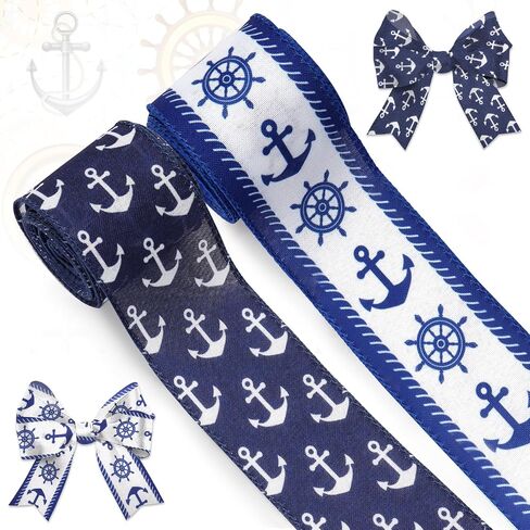 Nautical Wired Ribbon 2.5 Inch Navy Blue White Stripes Anchor Ribbon for Bow Wreath Craft Gift Wrap Summer Holiday Wedding Baby Shower Birthday Party Decor in Saudi Arabia